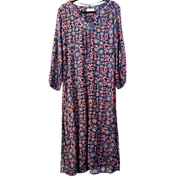 NATURAL LIFE Dress Maxi XL Blue Pink Floral Long Sleeve Tie Neck Side Slit Gypsy - Picture 1 of 14